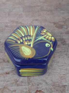 Mexican Pottery Art Hand Painted Terracotta  Cobalt Blue Box